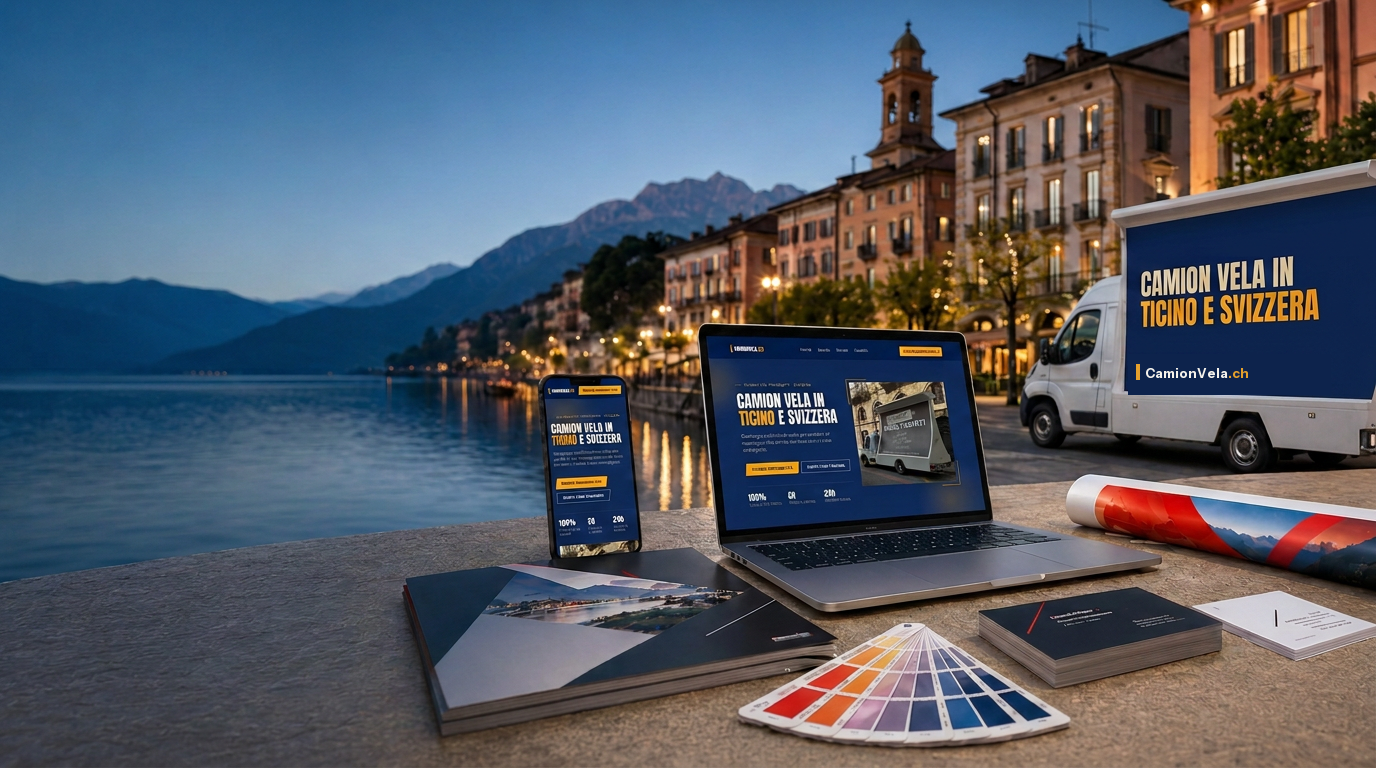 Mockup della campagna camion vela: sito web su laptop e smartphone accanto al camion pubblicitario